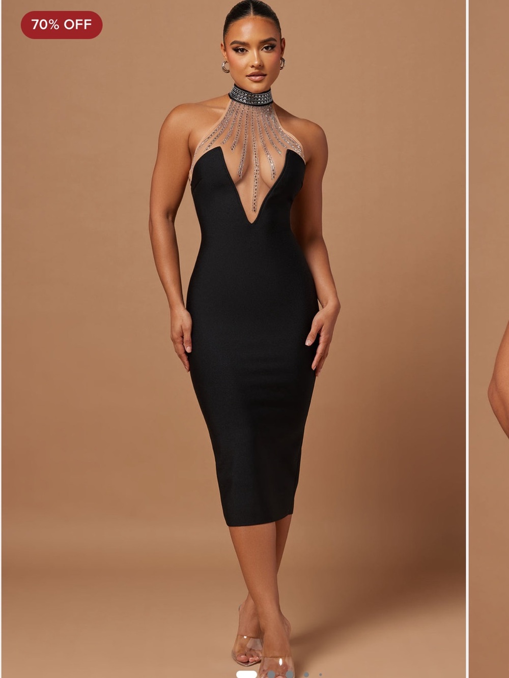 Fashion Nova Black Illusion Neck Midi Dress